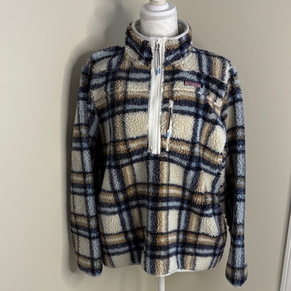 Vineyard Vines Jackets & Blazers - Vineyard Vines Blue & Cream Plaid Supershep Sherpa Fleece Quarter Zip. Large.